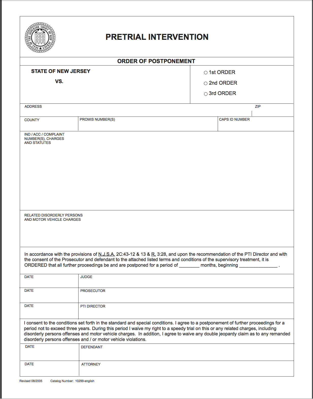 This is what the order of postponement looks like if you are admitted into Pretrial Intervention in New Jersey.