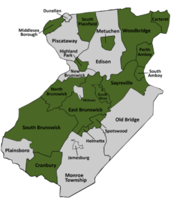 Map of Middlesex County NJ with all 25 municipalities labeled.