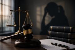 Gavel, scales of justice and legal documents representing mental health defenses in criminal cases