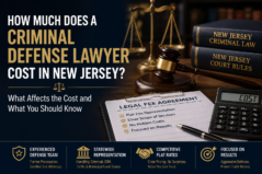 Criminal defense lawyer cost in New Jersey article graphic with gavel, legal fee document and law books