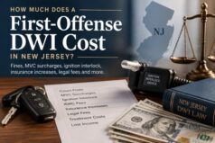 First-offense DWI costs in New Jersey, illustrated with car keys, an ignition interlock device and an expense breakdown.